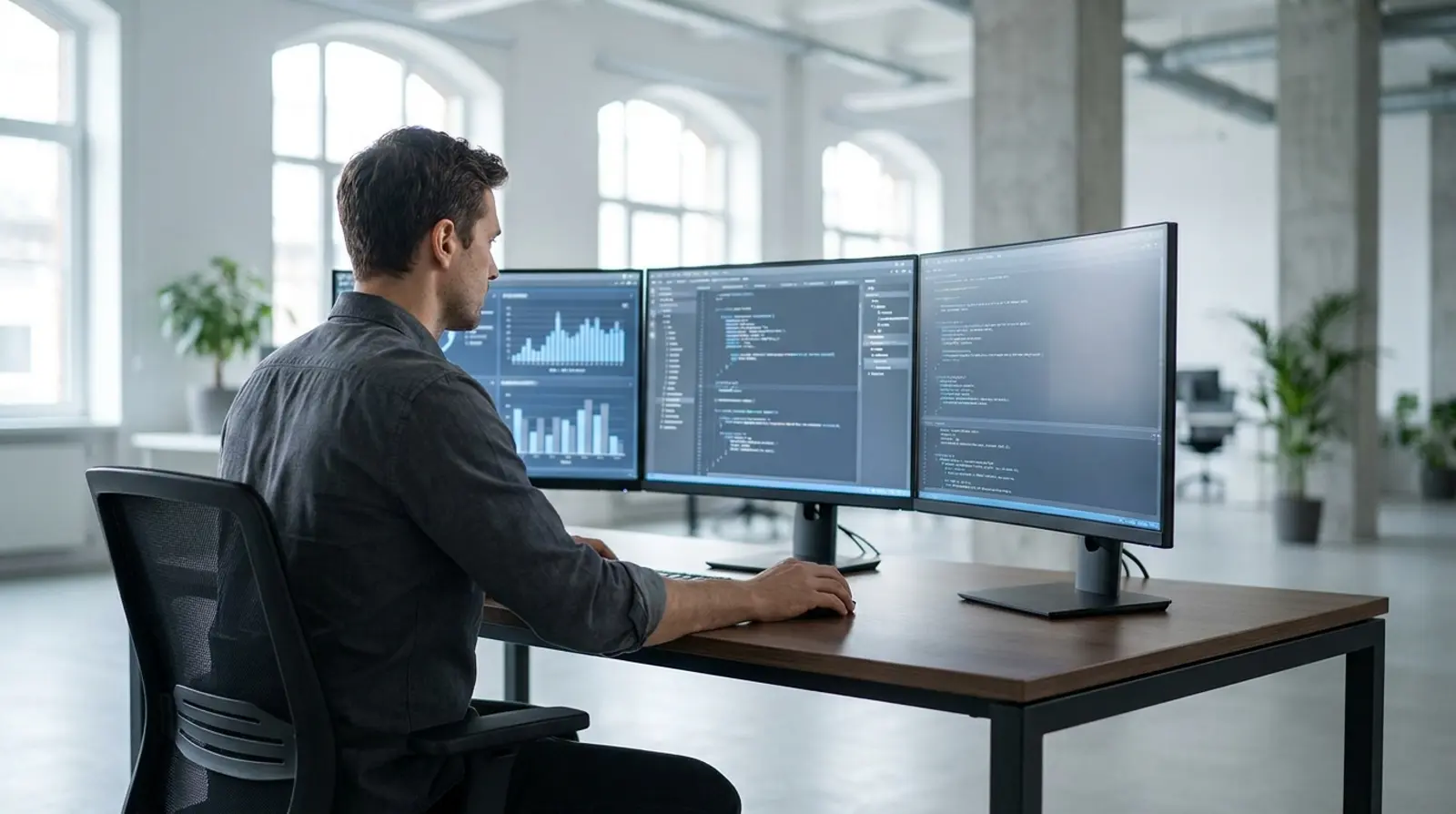 A NekterAI engineer building custom AI operators on a multi-monitor setup