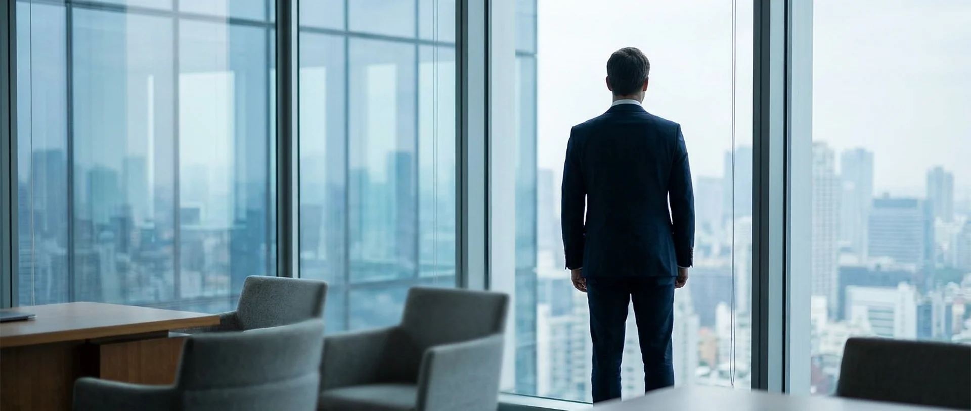 A leader looking out over the city from a high modern office