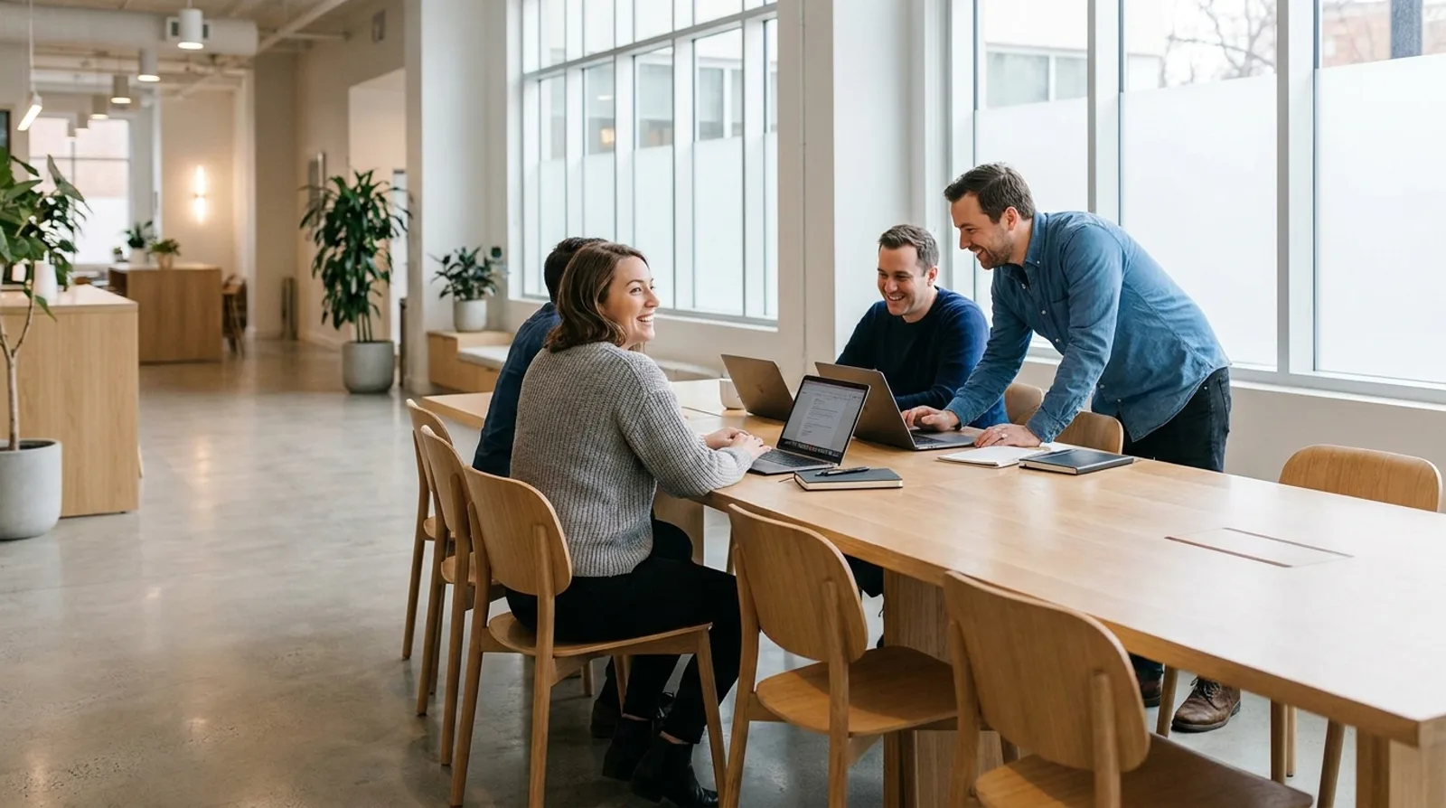 Operators collaborating around a table in a bright workspace