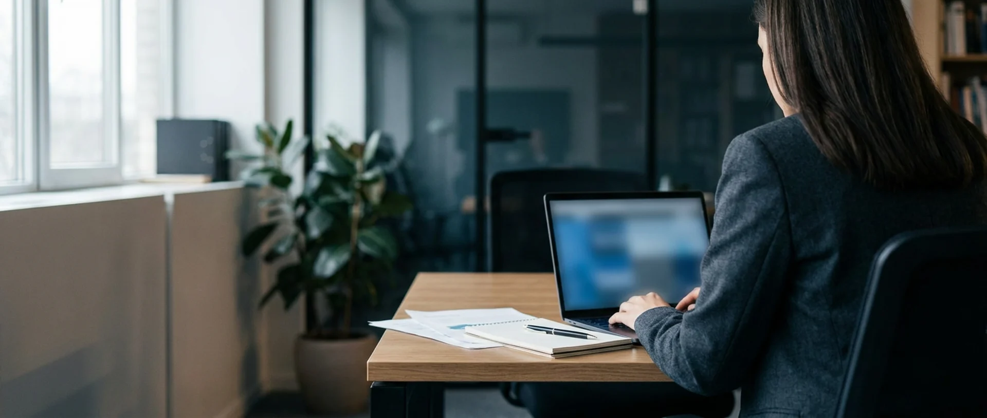 An operator working on a laptop in a bright modern office